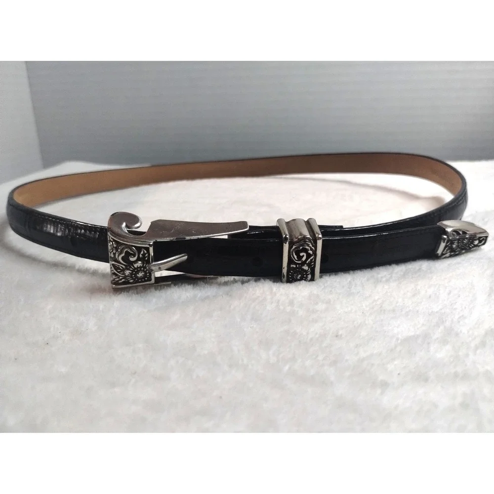Brighton Black Lizard Embossed Leather Western Skinny Belt Silver Engraved 30‎